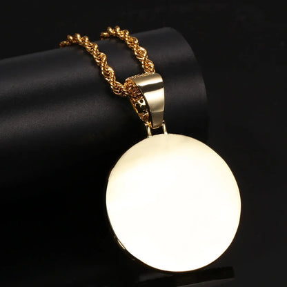 UWIN DIY Medallion Photo Pendant Necklace Large Round Custom Picture Charms Necklace Iced Out CZ Fashion Jewelry for Memory Gift, Mike Armstrong