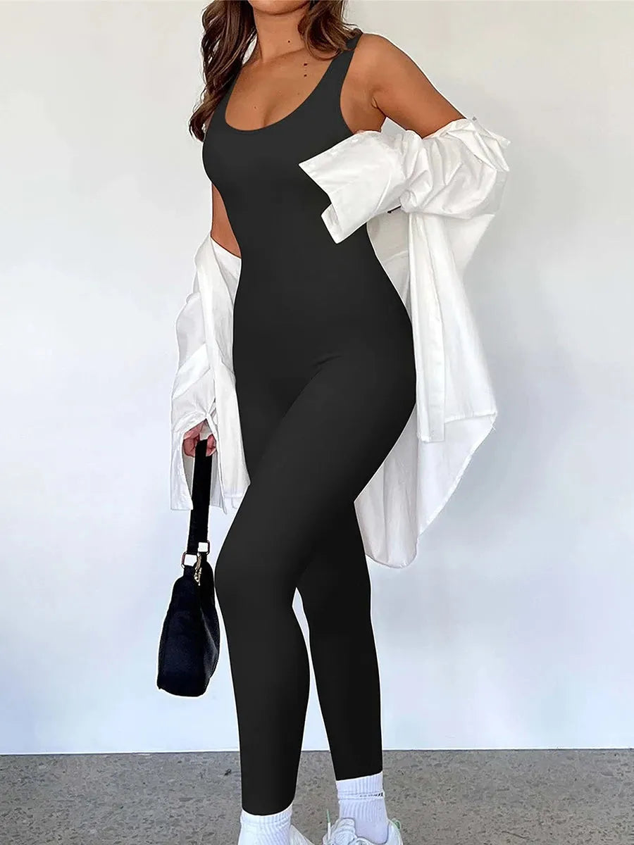 Women Workout Jumpsuits Summer Sleeveless U Neck Backless Hollowed Solid Color Slim Fit Romper Yoga Playsuits for Fitness Sports