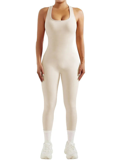 Women Workout Jumpsuits Summer Sleeveless U Neck Backless Hollowed Solid Color Slim Fit Romper Yoga Playsuits for Fitness Sports