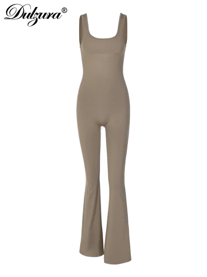 Dulzura 2023 Women Solid Ruched Backless Cut Out Tank Unitard Jumpsuit Hollow Out Flared Pants Sexy Y2K Sleeveless Outfits