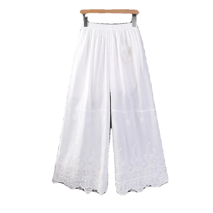 Spring Summer Light Thin Cotton Embroidered Pants Women Elastic Waist Tiny Hollow Pocket Wide Leg Pants Duobao0319-02, Mike Armstrong
