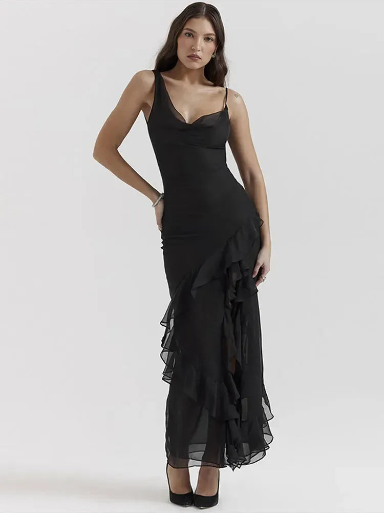 2024 Chic Ruffled Spaghetti Strap Maxi Dress For Women Elegant Black Off Shoulder Slim Dresses Female Fashion Evening Vestidos, Mike Armstrong