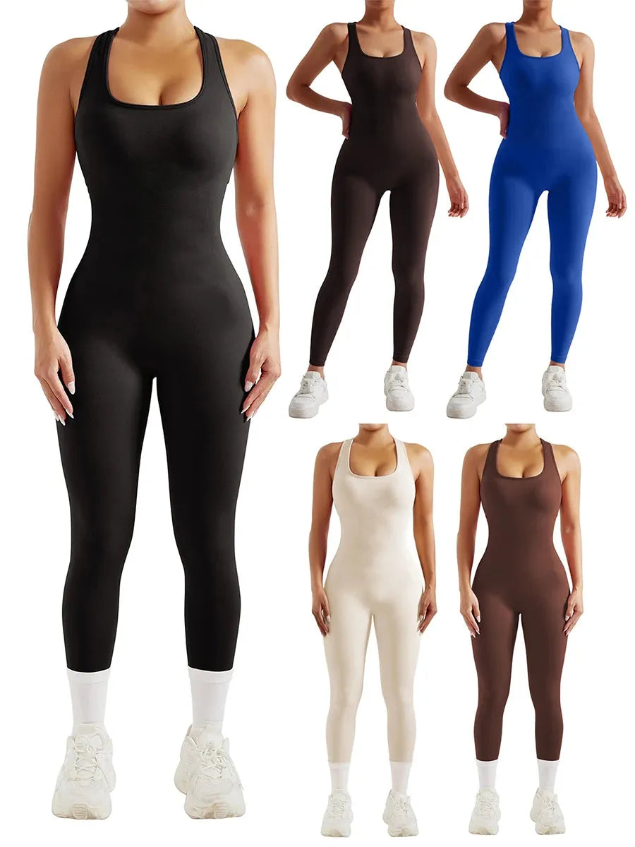 Women Workout Jumpsuits Summer Sleeveless U Neck Backless Hollowed Solid Color Slim Fit Romper Yoga Playsuits for Fitness Sports