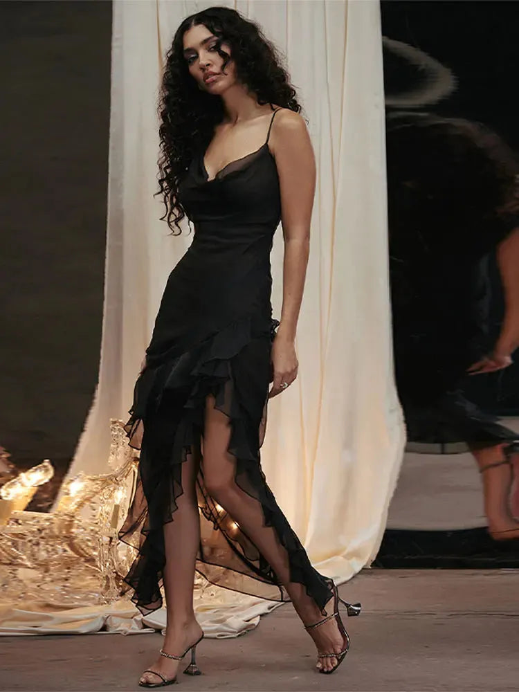 2024 Chic Ruffled Spaghetti Strap Maxi Dress For Women Elegant Black Off Shoulder Slim Dresses Female Fashion Evening Vestidos, Mike Armstrong