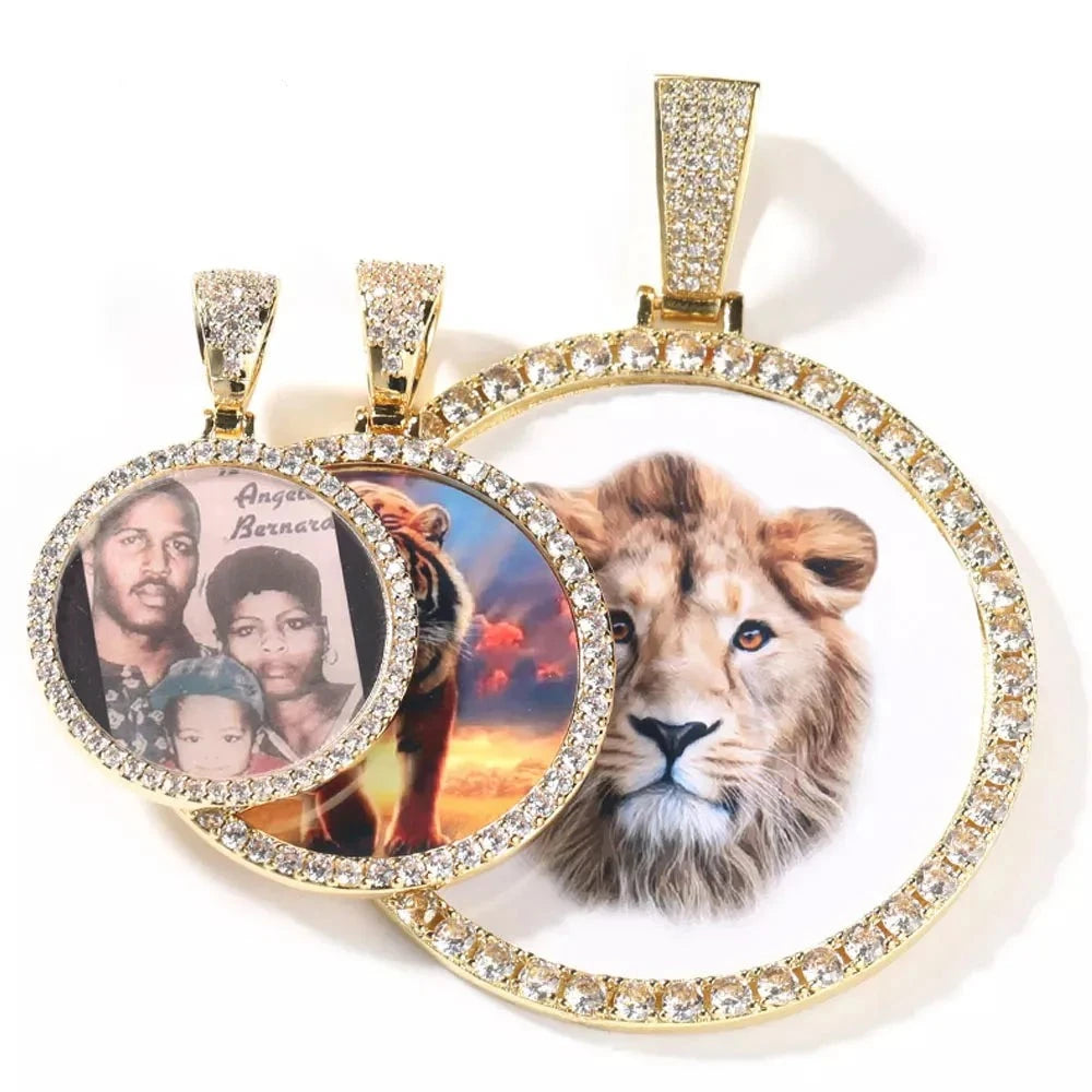 UWIN DIY Medallion Photo Pendant Necklace Large Round Custom Picture Charms Necklace Iced Out CZ Fashion Jewelry for Memory Gift, Mike Armstrong
