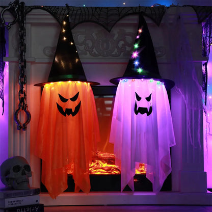 Halloween Decorations Flying Witch Hats Ghost Hanging LED Lights Bar Halloween Party Supplies Dress Up Glowing Wizard Ghost Lamp