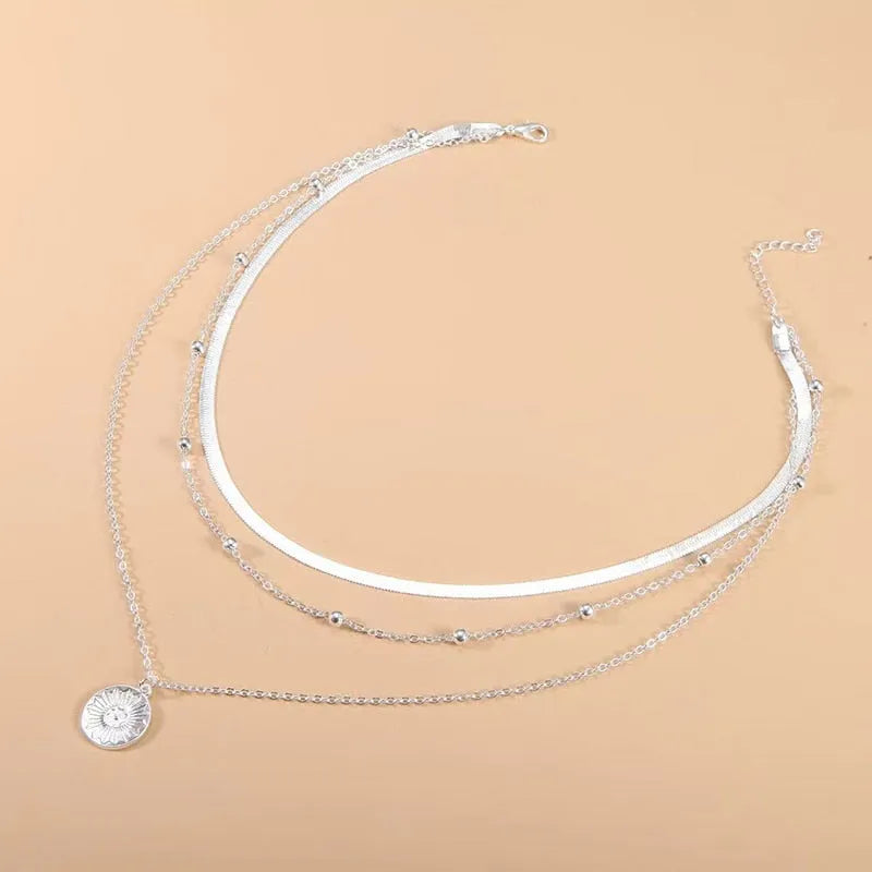 925 STERLING SILVER THREE-LAYER ROUND NECKLACE