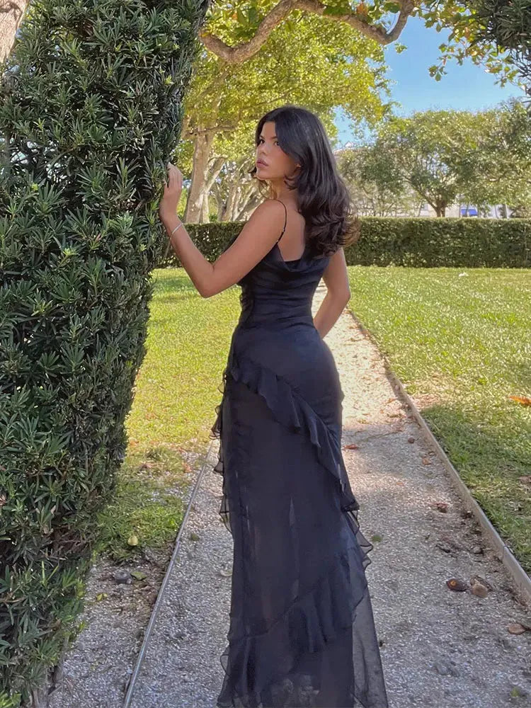 2024 Chic Ruffled Spaghetti Strap Maxi Dress For Women Elegant Black Off Shoulder Slim Dresses Female Fashion Evening Vestidos, Mike Armstrong