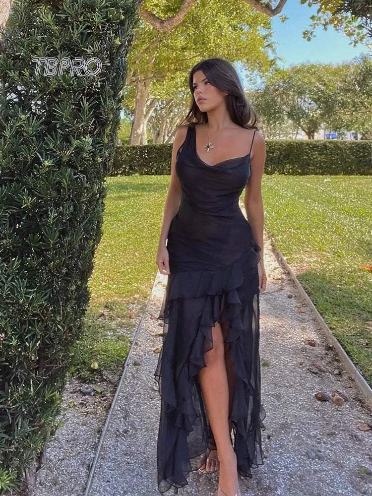 2024 Chic Ruffled Spaghetti Strap Maxi Dress For Women Elegant Black Off Shoulder Slim Dresses Female Fashion Evening Vestidos, Mike Armstrong