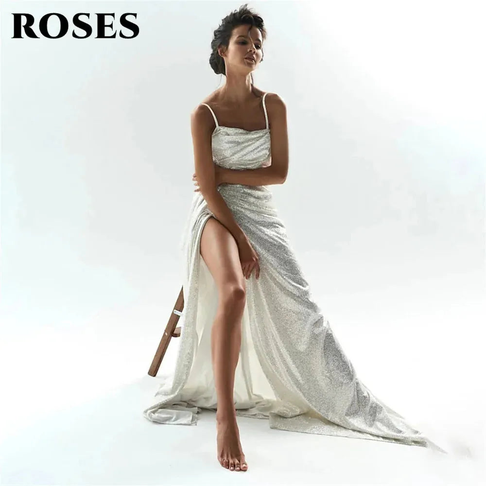 ROSES White Glitter Evening Dresses Spaghetti Strap Prom Dresses for Wedding Side Split Mermaid Sweep Train فستان حفلات الزفاف