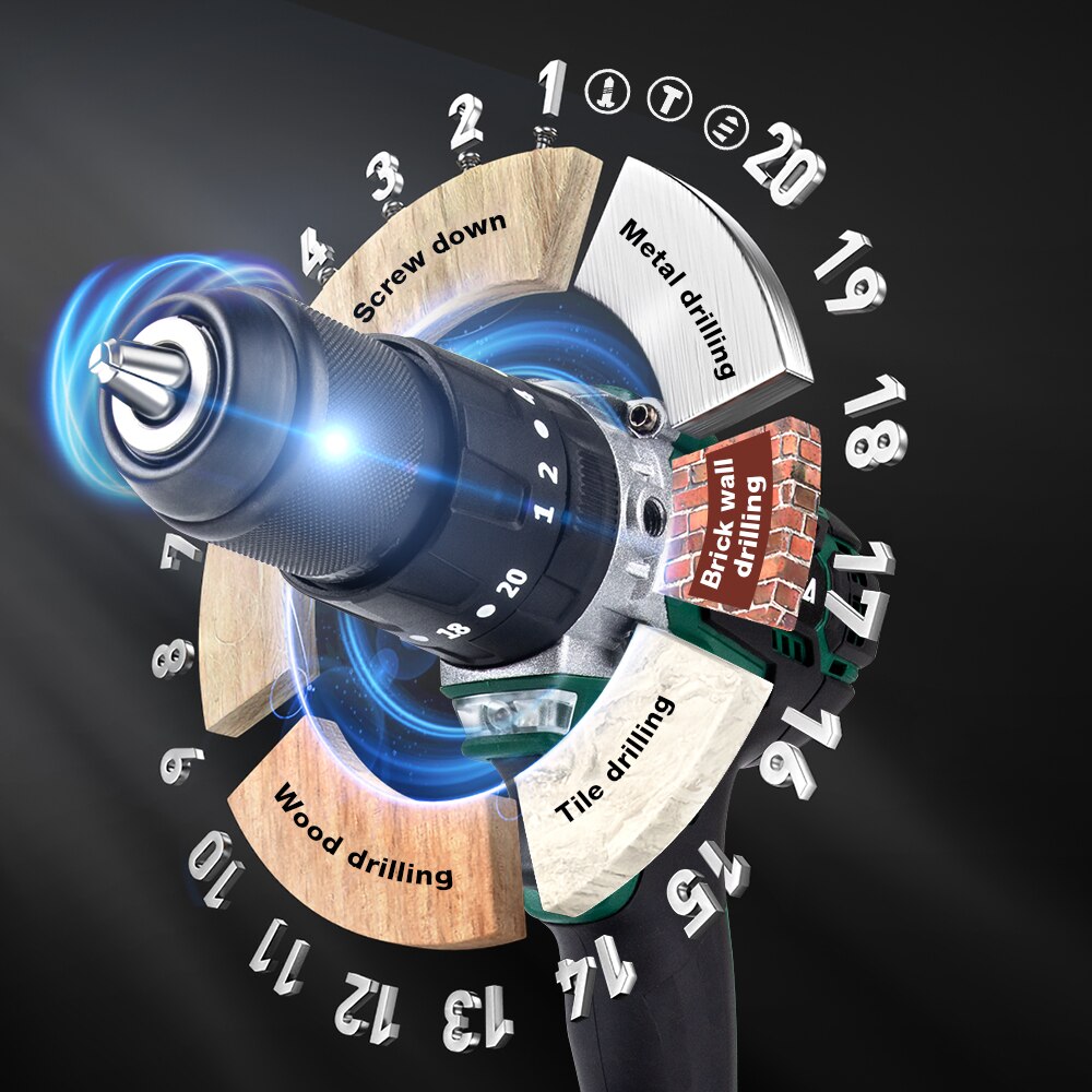 3 in 1 Brushless Motor Impact Drill 21V Cordless Screwdriver Power Tools With 3.0AH Lithium Battery