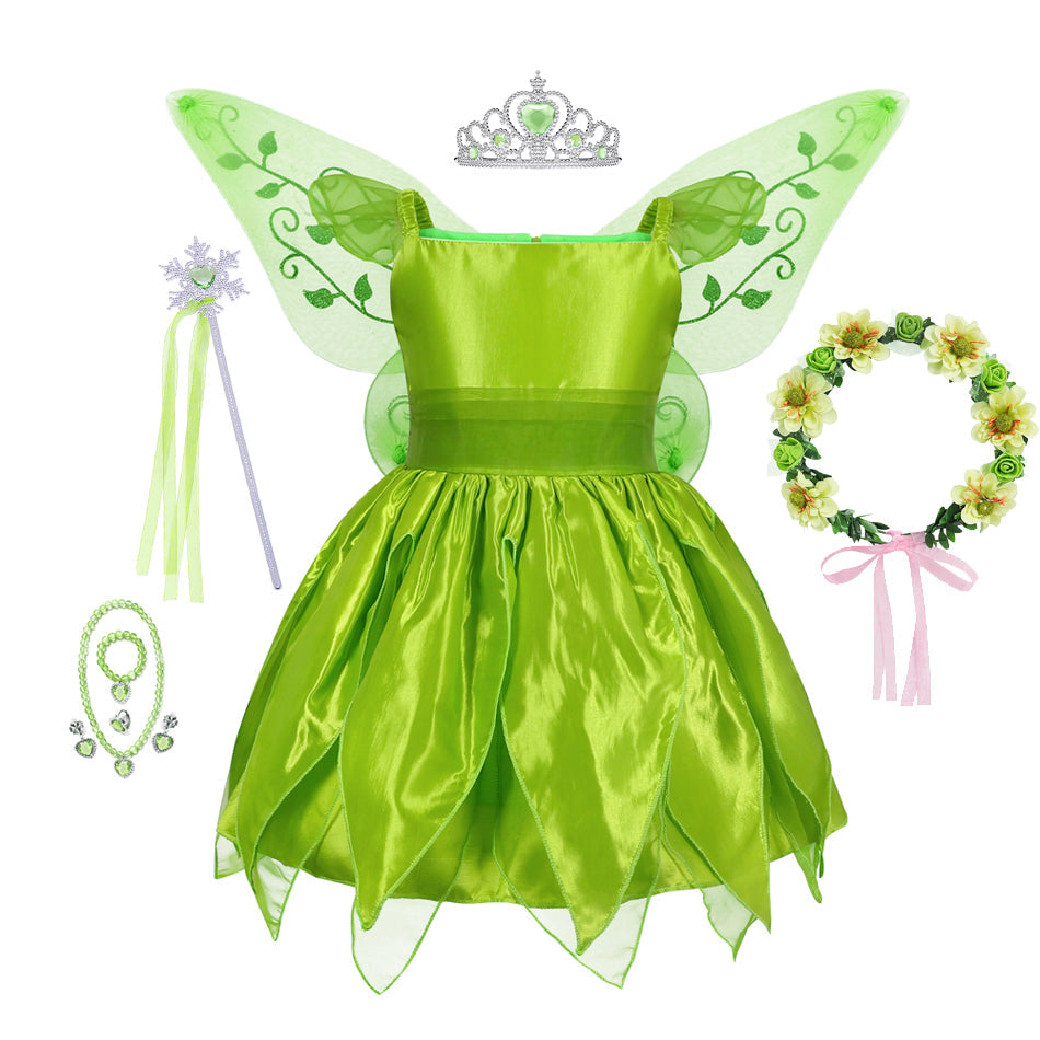 Popxstar Tinker Bell Princess Halloween Cosplay Girls Baby Party Green Flower Fairy Tinker Bell Dress Elf Costume Butterfly Wings Set